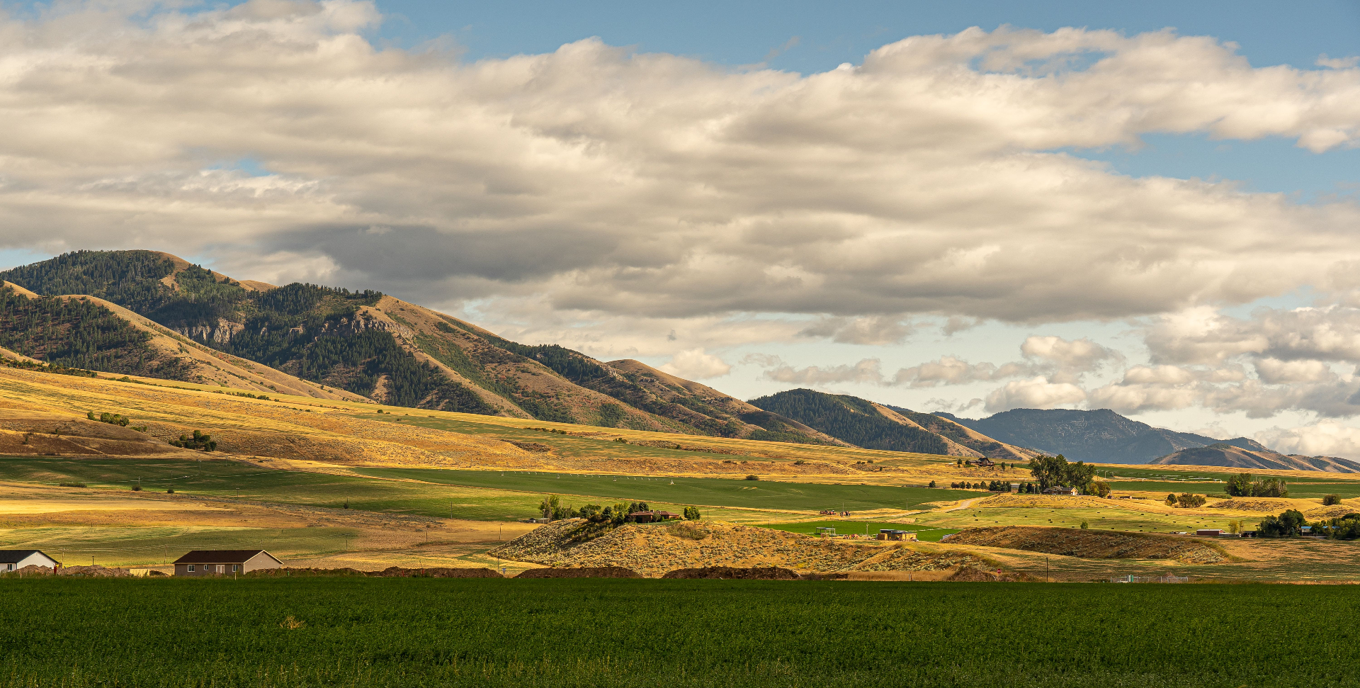 Wide valley of green and golden pastures beneath rolling mountains under a bright cloudy sky